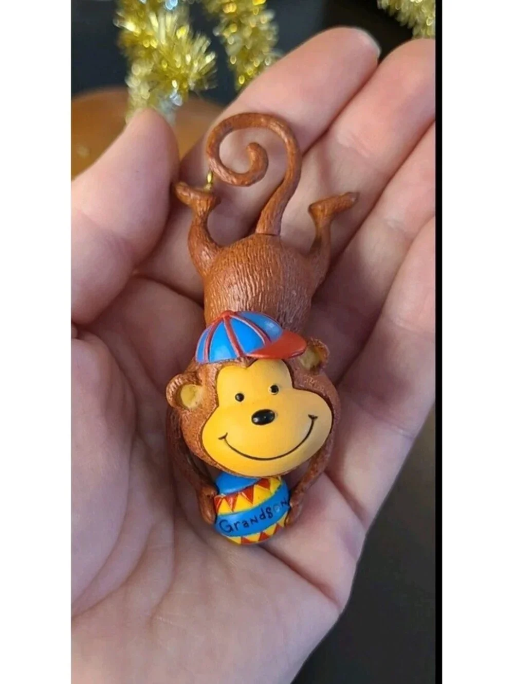 2009 BARREL OF FUN monkey Hallmark ornament   spunky GRANDSON curly tail hook